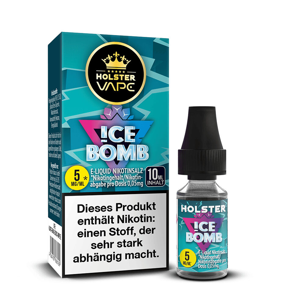 Holster Nikotinsalz - Ice Bomb Holster Vape Ice Bomb Nikotinsalz 5mg/ml, E-Liquid in 10ml-Flasche und Verpackung, Warnhinweis über Nikotinabhängigkeit sichtbar.