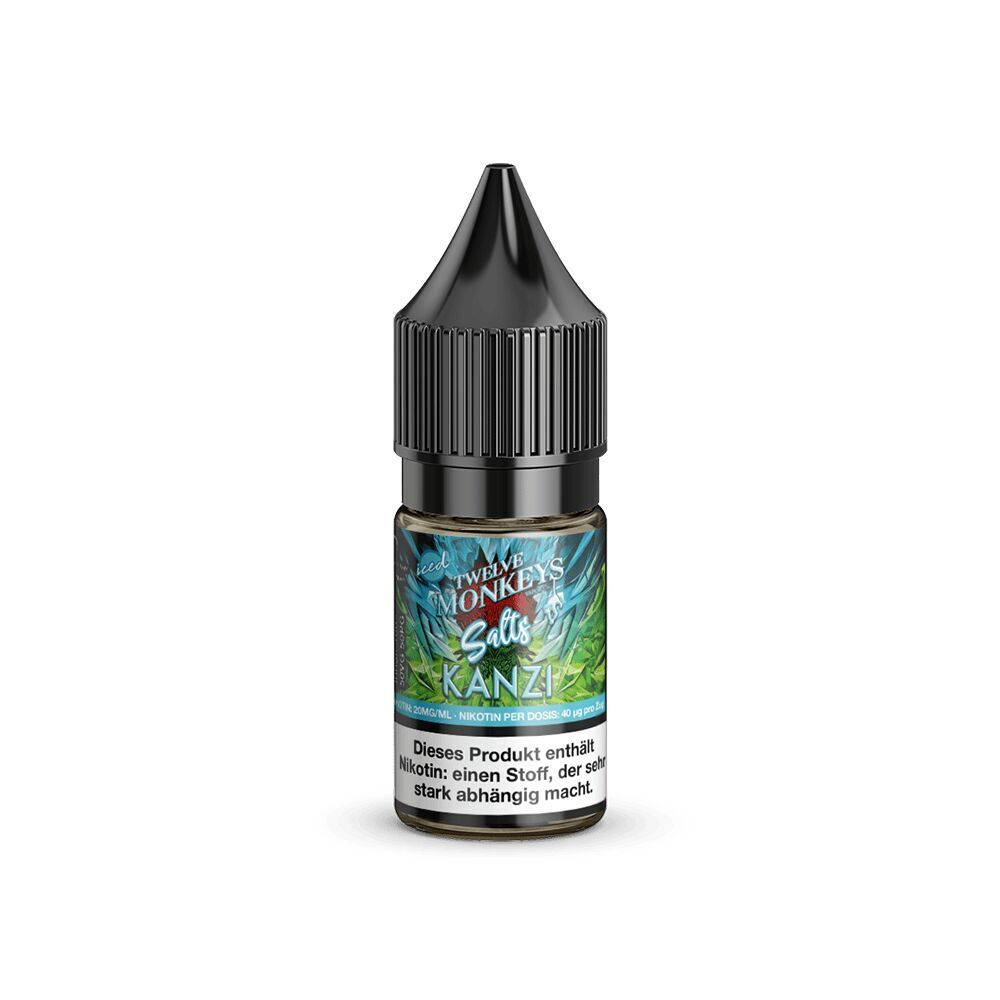 Liquid Kanzi 20mg - Twelve Monkeys E-Liquid-Flasche mit schwarzem Deckel, beschriftet mit Twelve Monkeys Salts Kanzi 20mg und Nikotin-Warnung, umgeben von grünen Blättern.