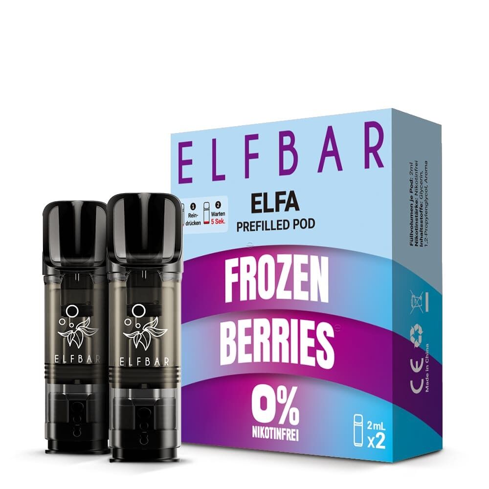 ELB564 Elfbar ELFA Pods mit zwei 2ml-Kartuschen, Design Frozen Berries, nikotinfrei, mit Verpackung in Blau und Lila im Hintergrund.