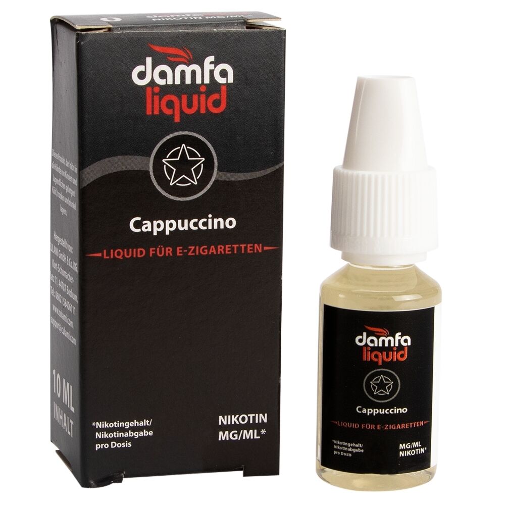 Liquid Cappuccino 12mg - Damfaliquid Damfaliquid Cappuccino 3mg E-Zigaretten-Liquid in 10 ml Flasche neben schwarzer Verpackung mit Stern-Logo und Markenname.