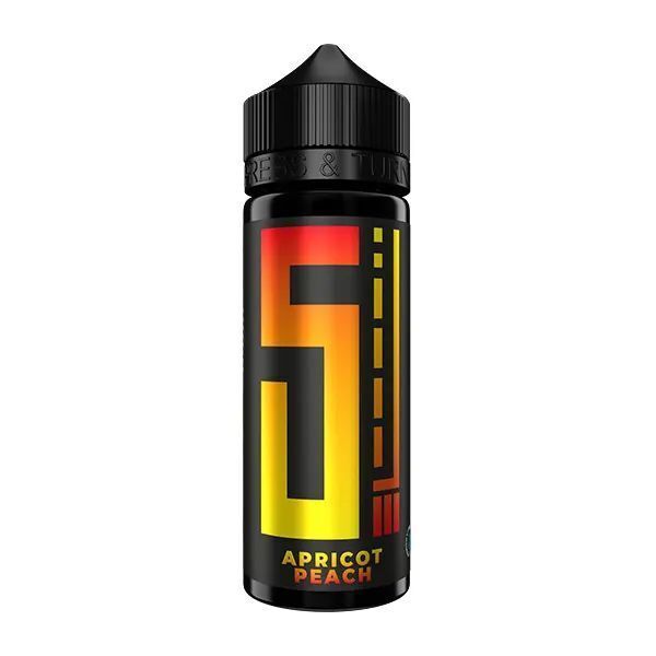 Aroma Apricot Peach von 5 Elements E-Flasche mit schwarzem Deckel und buntem Etikett, darauf steht "5 Elements Aroma Apricot Peach" in leuchtenden Farben auf dunklem Hintergrund