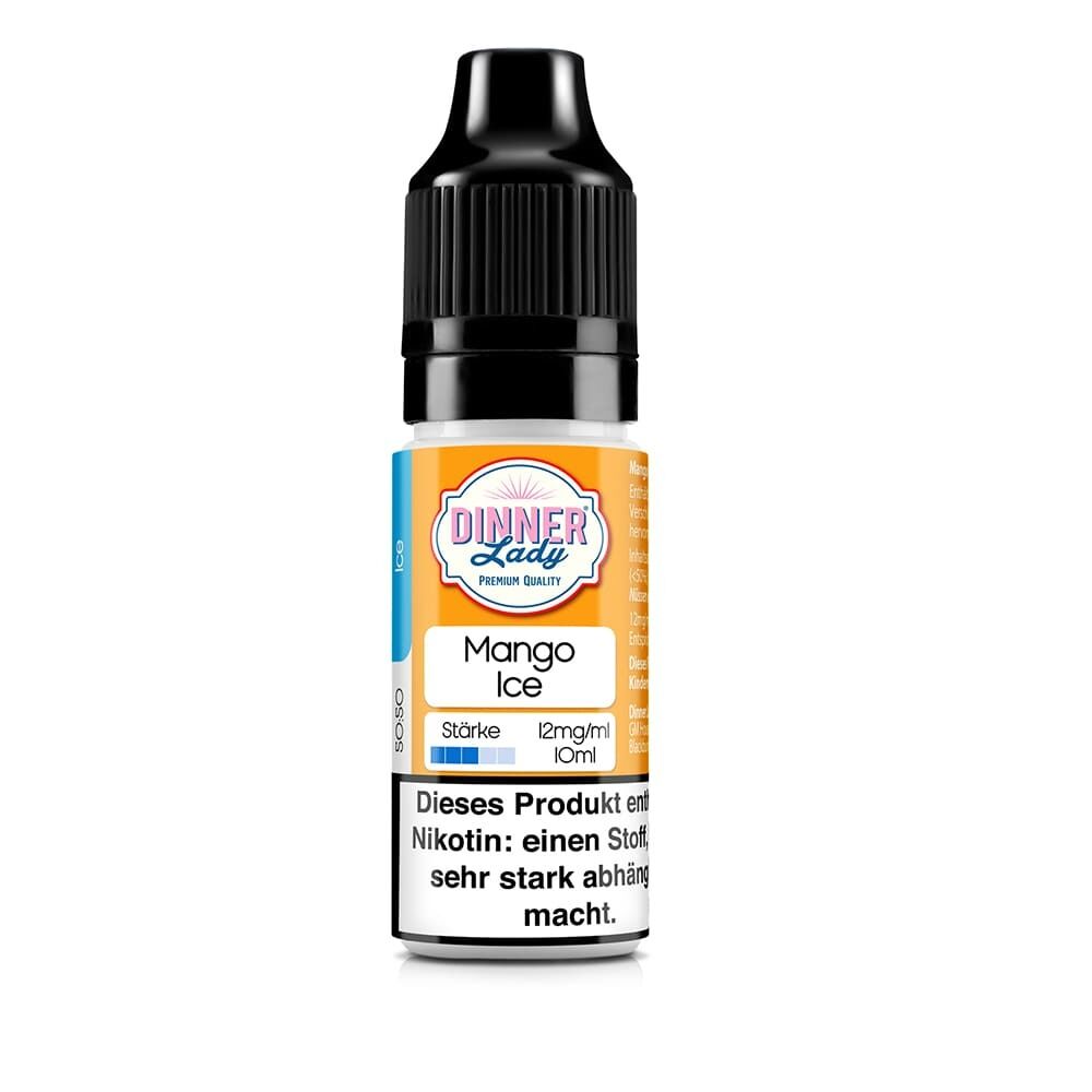 Dinner Lady Liquid-Flasche Mango Ice 12mg mit Warnhinweis "Dieses Produkt enthält Nikotin, einen Stoff, der sehr stark abhängig macht"