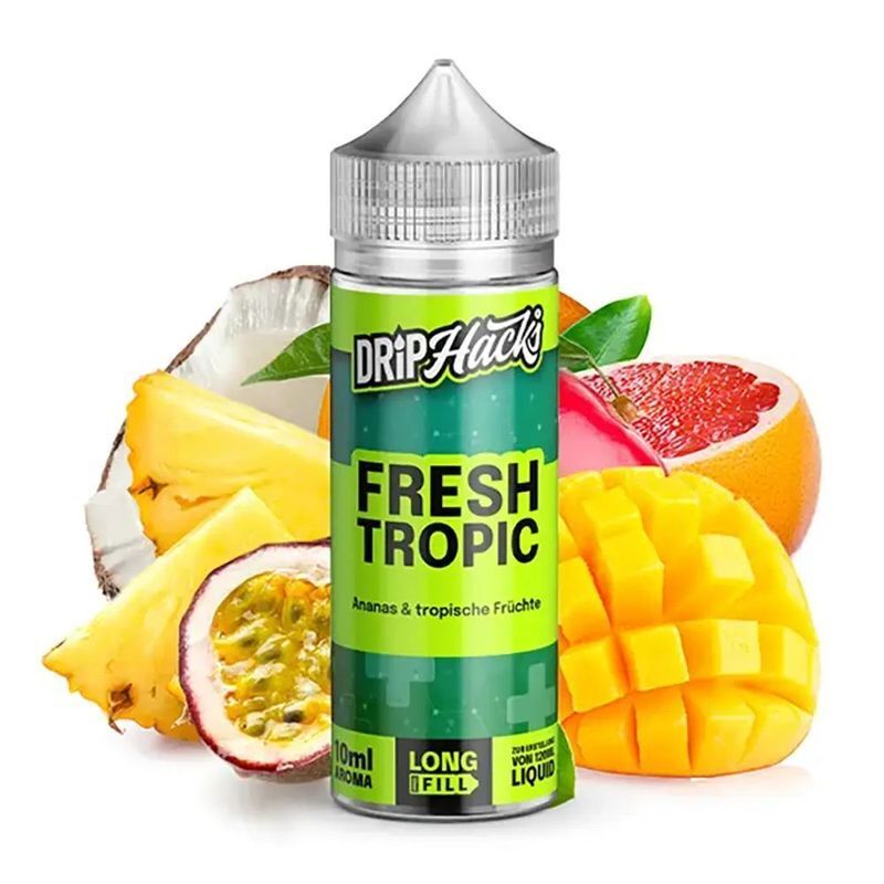 Aroma Fresh Tropic von Drip Hacks Drip Hacks Aroma - Fresh Tropic Flasche mit tropischen Früchten wie Mango, Ananas, Passionsfrucht, Grapefruit und Kokosnuss im Hintergrund.