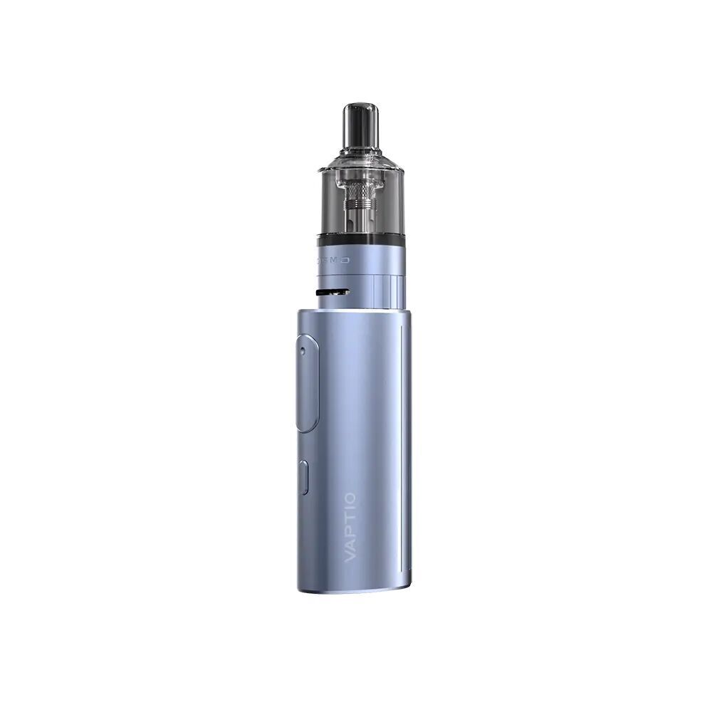 Vaptio Cosmo Prime Kit Ice Blue Vaptio Cosmo Prime Kit Ice Blue, elegantes blaues Gehäuse, klare Tank-Konstruktion, seitlicher Knopf, schlichte Oberfläche