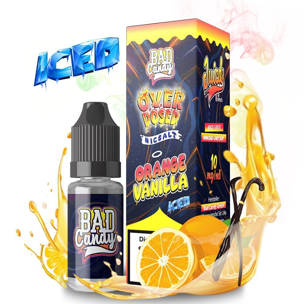 Liquid Orange Vanilla Iced 20mg - Bad Candy Overdosed Flasche und Verpackung von Bad Candy Overdosed Nikotinsalz Orange Vanilla Iced, dekoriert mit orangenen Früchten und Vanilleschoten.