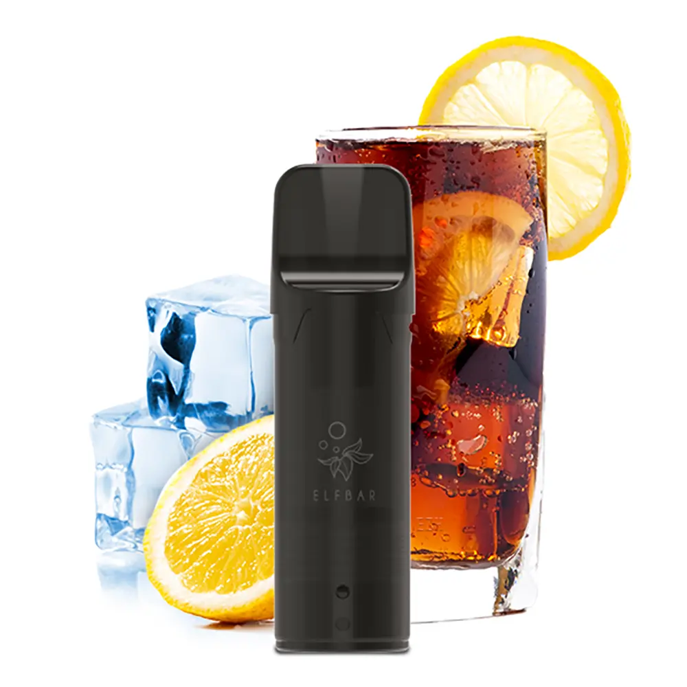 Elfbar Pod in der Geschmacksrichtung Cola Orange vor Eiswürfeln, Orangenscheiben und einem gekühlten Cola-Getränk – frisches, kühles Aroma mit belebendem Cooling-Effekt.