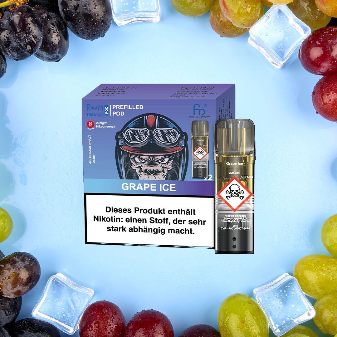 RandM Tornado Pods - Grape Ice RandM Tornado Pods Grape Ice Verpackung und Pod auf hellem Hintergrund mit Trauben, Eiswürfeln und Nikotin-Warnung.