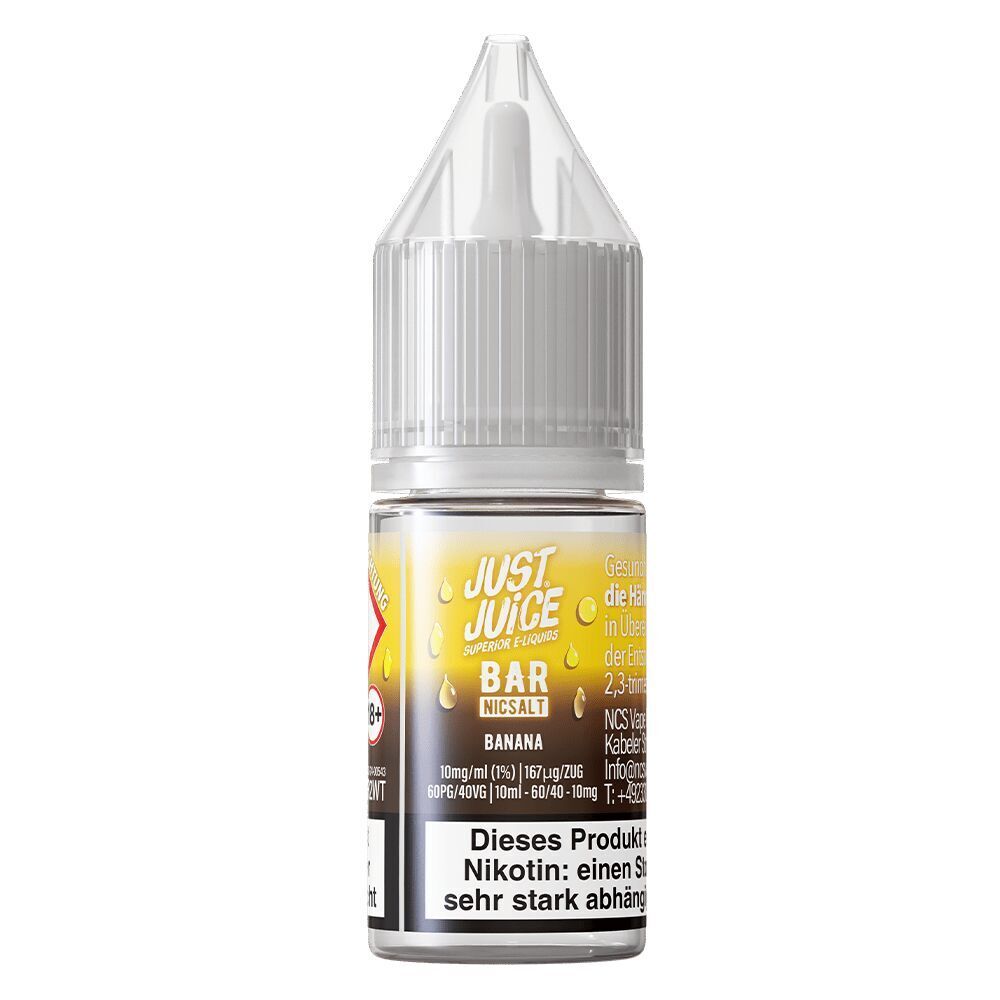 Liquid Banana 10mg - Just Juice Just Juice Nikotinsalz-Flasche, Geschmacksrichtung Banana, 10mg, mit gelbem und weißem Etikett und Warnhinweisen zu Nikotin
