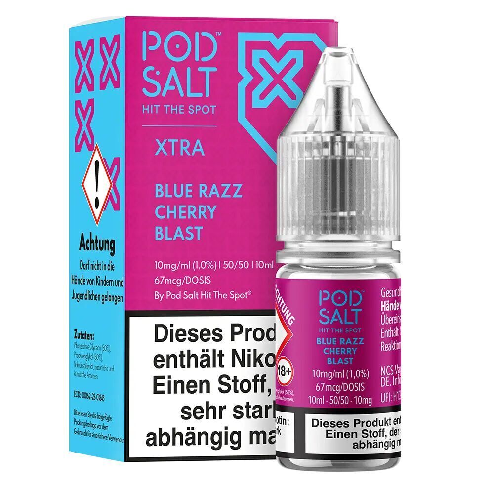 Liquid Blue Razz Cherry Blast von Pod Salt Xtra Pod Salt Xtra Nikotinsalz Blue Razz Cherry Blast in einer pink-blauen Verpackung neben einem durchsichtigen Fläschchen mit Auffüllspitze.