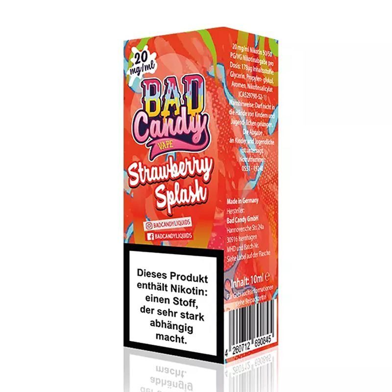 Liquid Strawberry Splash mit 20mg Nikotin von Bad Candy Verpackung von Bad Candy Nikotinsalz Strawberry Splash 20mg mit buntem Design, enthält Nikotin-Warnhinweis, Inhalt 10ml.