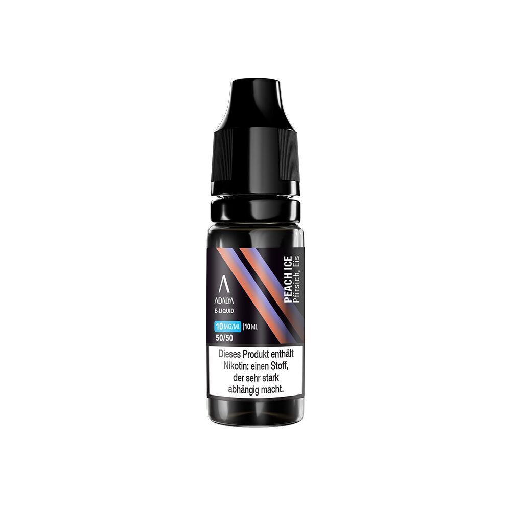 Liquid Peach Ice 10mg - Adalya Nikotinsalz Adalya Nikotinsalz Peach Ice Flasche mit 10 mg/ml Nikotin, 10 ml Inhalt; Etikett warnt vor starker Abhängigkeit durch Nikotin