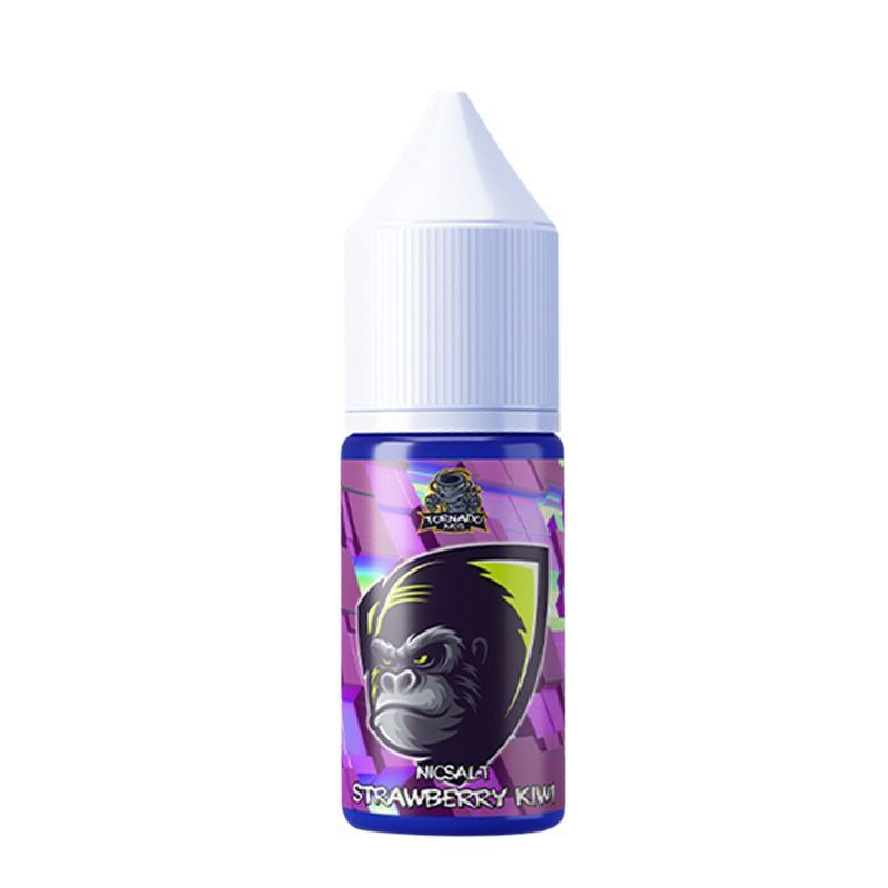 Liquid Strawberry Kiwi mit 20mg Nikotin von Tornado Juice Flasche Tornado Juice Nikotinsalz mit Gorilla-Logo und Beschriftung "Strawberry Kiwi" auf buntem Hintergrund