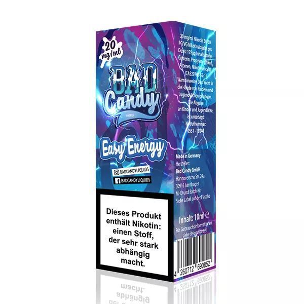 Liquid Easy Energy mit 10mg Nikotin von Bad Candy Verpackung von Bad Candy Nikotinsalz Easy Energy 10mg mit farbigem Design und Warnhinweis über Nikotingehalt, Inhalt 10 ml.