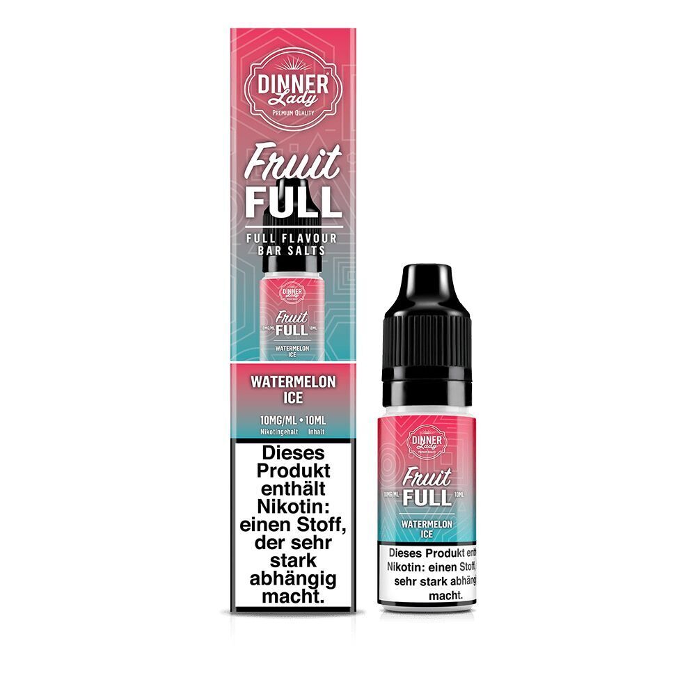 Liquid Watermelon Ice mit 10mg Nikotin von Dinner Lady Fruit Full Dinner Lady Fruit Full Nikotinsalz Watermelon Ice Flasche neben Verpackung mit Hinweis: Nikotin macht stark abhängig