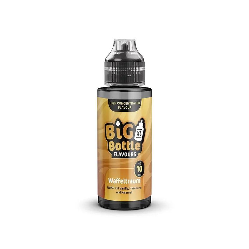 Aroma Waffeltraum von Big Bottle Flavours Big Bottle Flavours Aroma XL, Produktname „Waffeltraum“, Flasche mit braunem Etikett und 10 ml Inhalt, Geschmacksrichtung Vanille, Haselnuss, Karamell