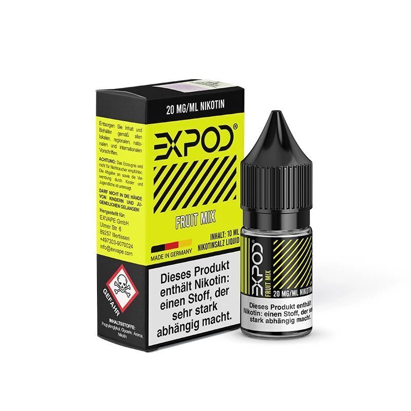 Liquid Fruit Mix von Expod Flasche und Schachtel Expod Nikotinsalz - Fruit Mix 20mg mit Warnhinweisen und gelb-schwarzem Design, enthaltend 10 ml Liquid