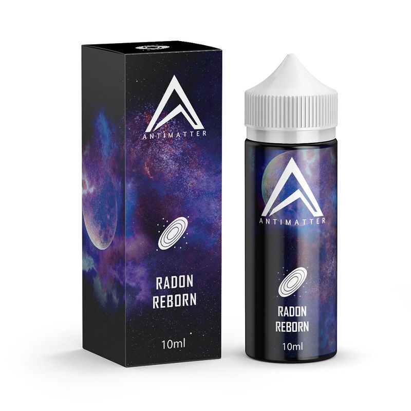 Aroma Radon Reborn von Antimatter Antimatter Aroma Radon Reborn Flasche und Verpackung mit Weltraumdesign, 10 ml, beide mit weißem Logo und Schriftzug verziert.