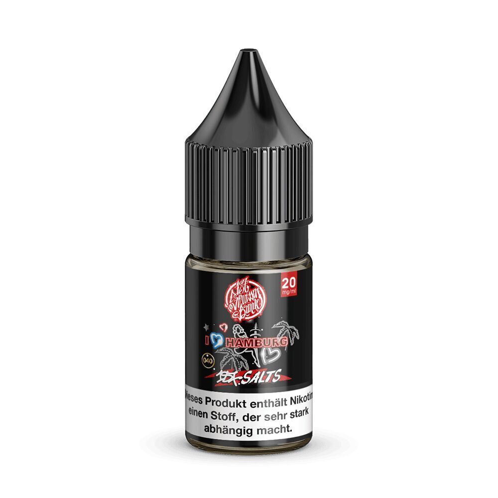 Flasche 187 Strassenbande Liquid, I Love Hamburg, 20mg, schwarzes Etikett mit roten und weißen Akzenten und einem schwarzen Deckel.