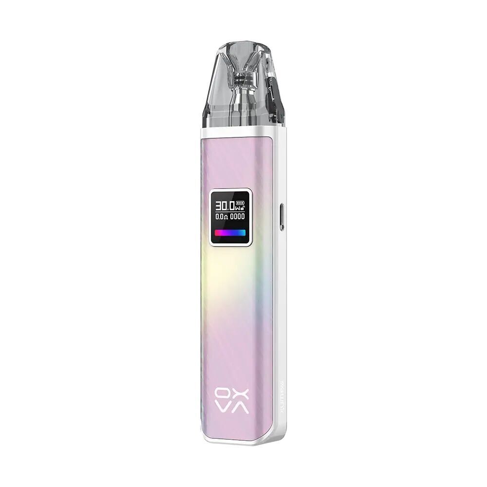 Oxva Xlim Pro Pod Kit in Aurora Pink mit glänzendem Finish, kleinem Display und transparentem Mundstück.