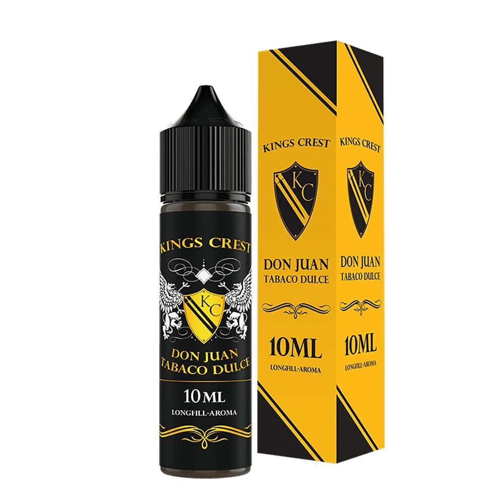 Kings Crest Aroma - Don Juan Tobaco Dulce Flasche und Box mit Kings Crest Aroma Don Juan Tabaco Dulce, 10 ml, schwarzes und gelbes Design mit Schildermotiv und Schriftzügen.