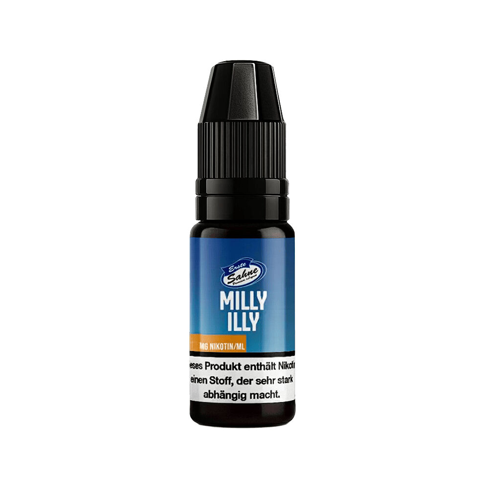 Erste Sahne Liquid - Milly Illy Erste Sahne Liquid Flasche mit Milly Illy 3mg Nikotin/ml, blauer Hintergrund, schwarzer Verschluss, Warnhinweis unten.