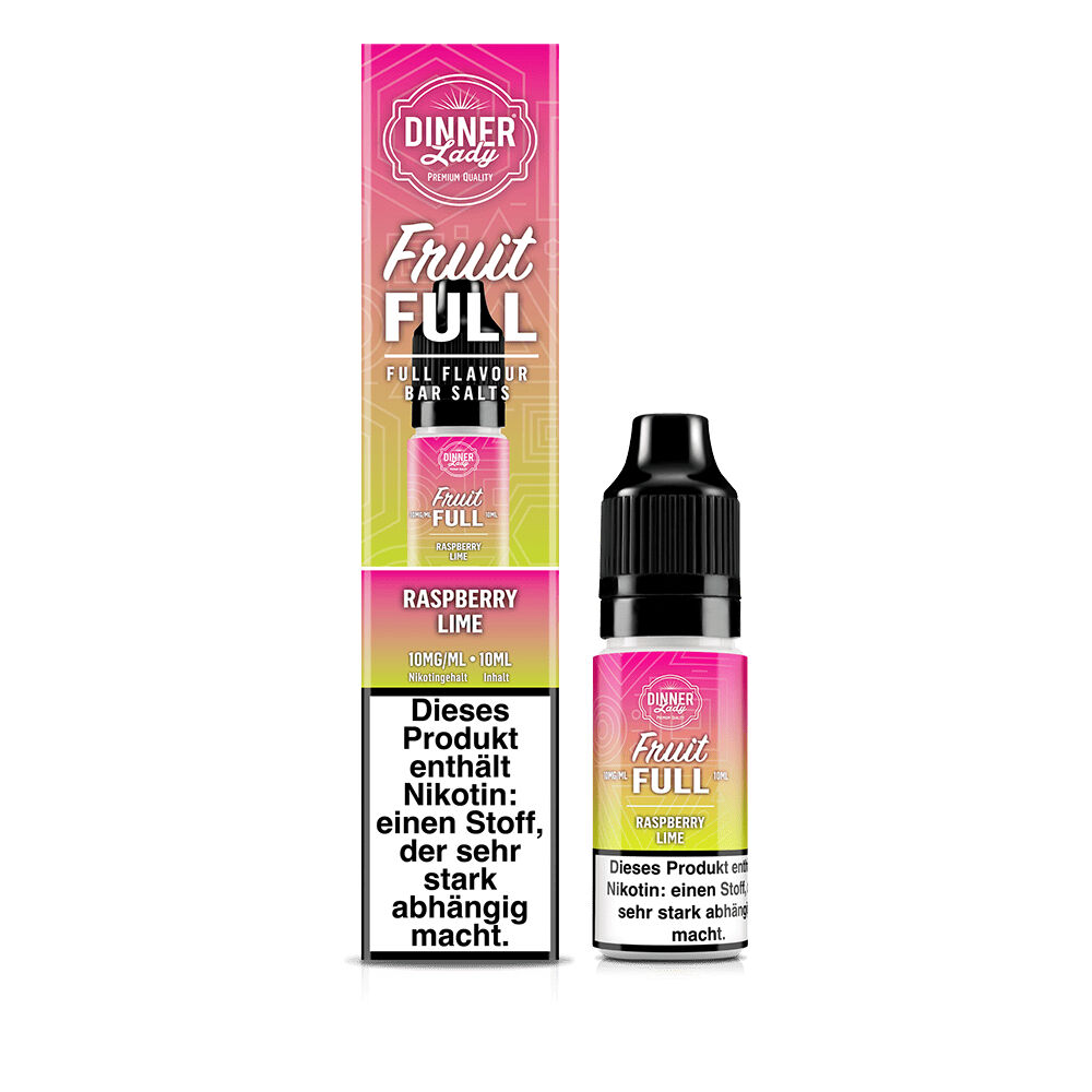Dinner Lady Fruit Full Nikotinsalz Raspberry Lime 10mg Flasche und Verpackung, der Text verweist auf Nikotininhalt und Abhängigkeitsgefahr.