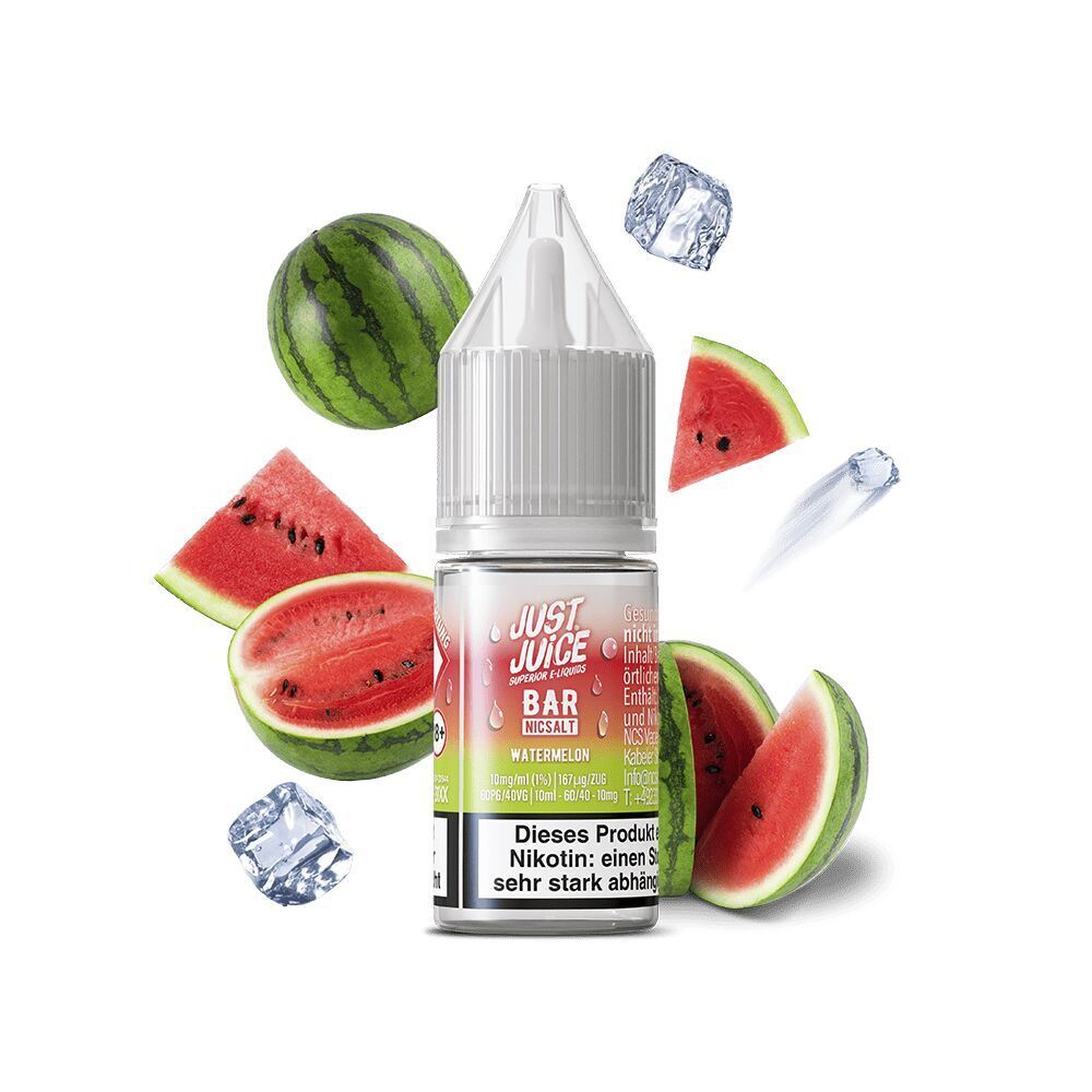 Liquid Watermelon 10mg - Just Juice Just Juice Nikotinsalz Watermelon mit halbierten Wassermelonen, Eiskristallen und Spritzern im Hintergrund.