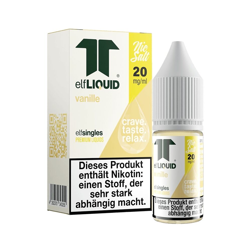 Elf Liquid Nikotinsalz - Vanille Elf Liquid Nikotinsalz Vanilleflasche und Verpackung mit 20 mg/ml, Warnhinweis auf Abhängigkeit durch Nikotin sichtbar.