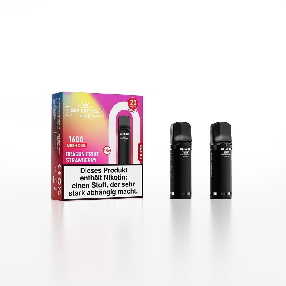 SKE Crystal 800 Pro Pods - Dragon Fruit Strawberry SKE Crystal Pro Pods Dragon Fruit Strawberry 20mg mit zwei schwarzen Pods und einer Verpackung mit Gesundheitshinweis in buntem Design
