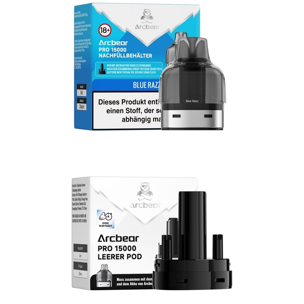 Arcbear Pro 15000 Pods - Blue Razz 20mg Arcbear Pro 15000 Pods Nachfüllbehälter Blue Razz 20mg, schwarze Kapsel neben blauer und weißer Verpackung mit Warnhinweisen