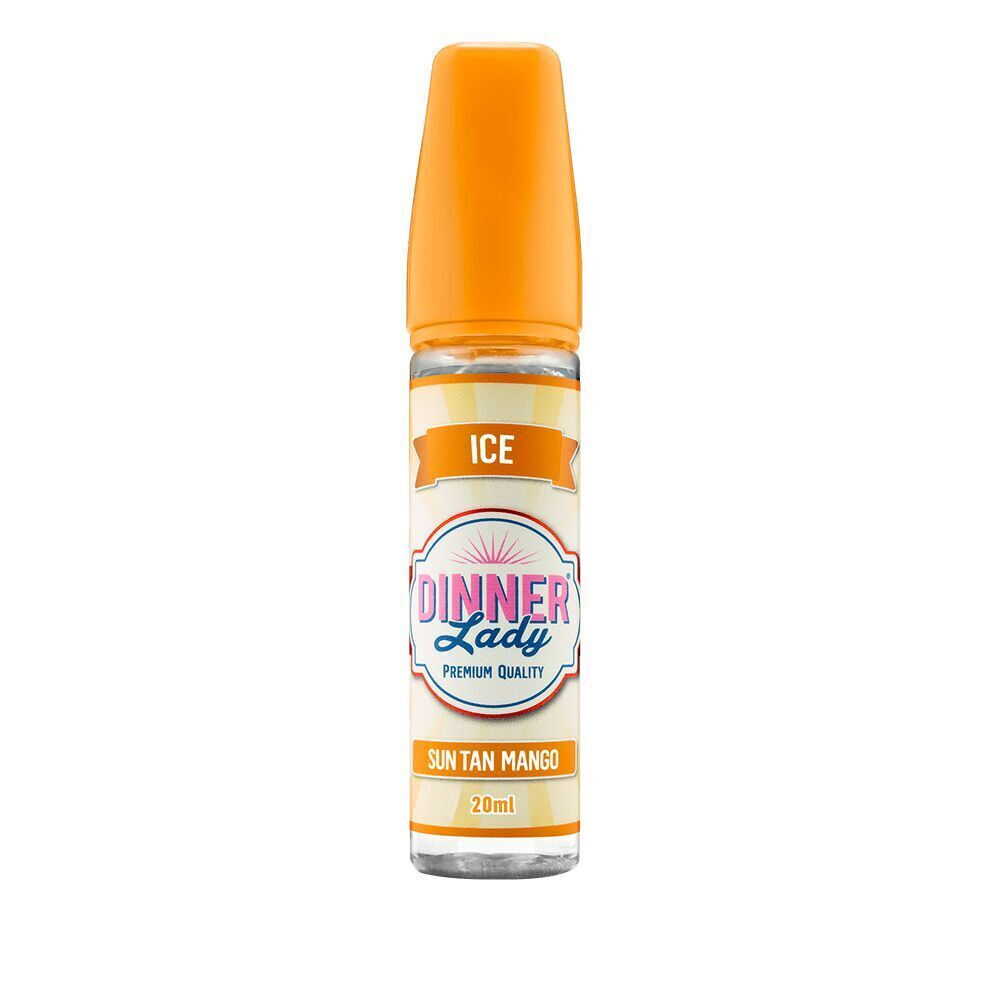 Aroma Sun Tan Mango von Dinner Lady Dinner Lady Aroma Sun Tan Mango 20ml Flasche mit orangener Kappe und dem Aufdruck "Ice", blau-rosa Logo auf gelbem Hintergrund