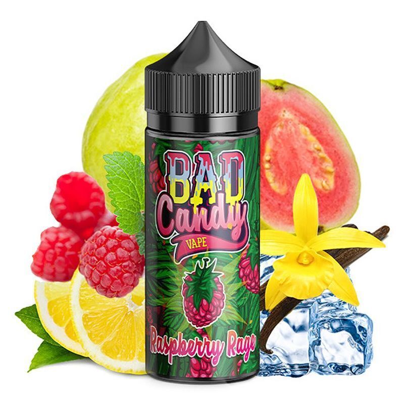 Aroma Raspberry Rage von Bad Candy Flasche Bad Candy Aroma mit Himbeeren, Zitrone, Eiswürfeln, Vanilleblume und Guave auf weißem Hintergrund, Aufschrift Raspberry Rage