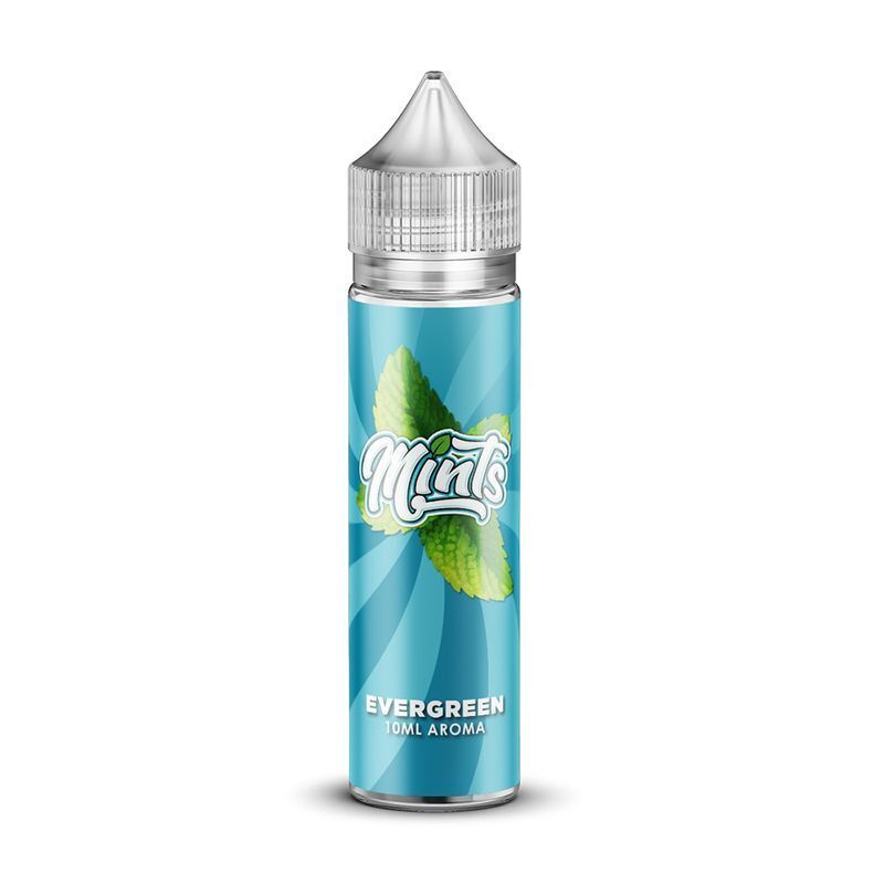 Aroma Evergreen von Mints Flasche mit Mints Aroma Evergreen, 10ml, auf blauem Hintergrund, mit grünen Minzblättern verziert und transparentem Deckel