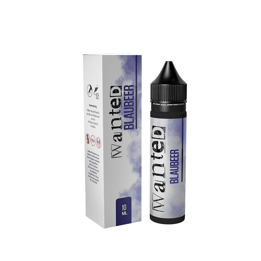 Aroma Blaubeer von Wanted Wanted Aroma Blaubeer in einer 10 ml Flasche neben der Verpackung mit blauer Farbgestaltung und deutlichem Branding.