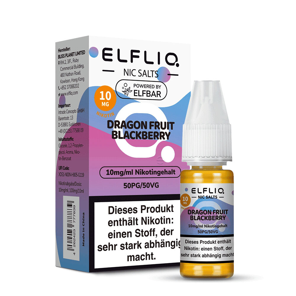 ELQ136_2 Elfliq Nikotinsalz-Flasche mit Box, Geschmacksrichtung Dragon Fruit Blackberry, 10 mg Nikotingehalt, 50PG/50VG, Warnhinweise sichtbar