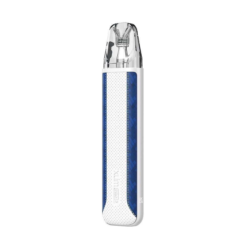 Oxva Xlim Pro 3 Pod Kit - Sky Blue Oxva Xlim Pro 3 Pod Kit in Sky Blue mit blauem Akzent und perforierter Textur, klare Pod-Kappe sichtbar in Vorderansicht