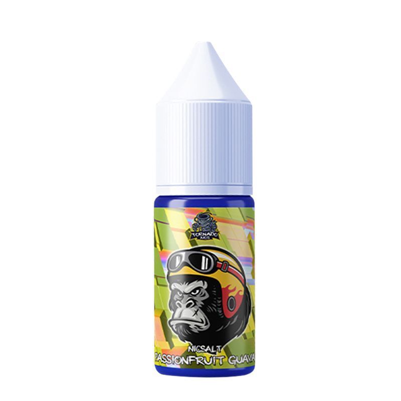 Liquid Passionsfruit Guava mit 20mg Nikotin von Tornado Juice Blaue Flasche Tornado Juice Nikotinsalz mit Etikett, das einen Gorilla mit Kopfhörern und Fliegerhelm zeigt, Aufschrift „Passionfruit Guava“