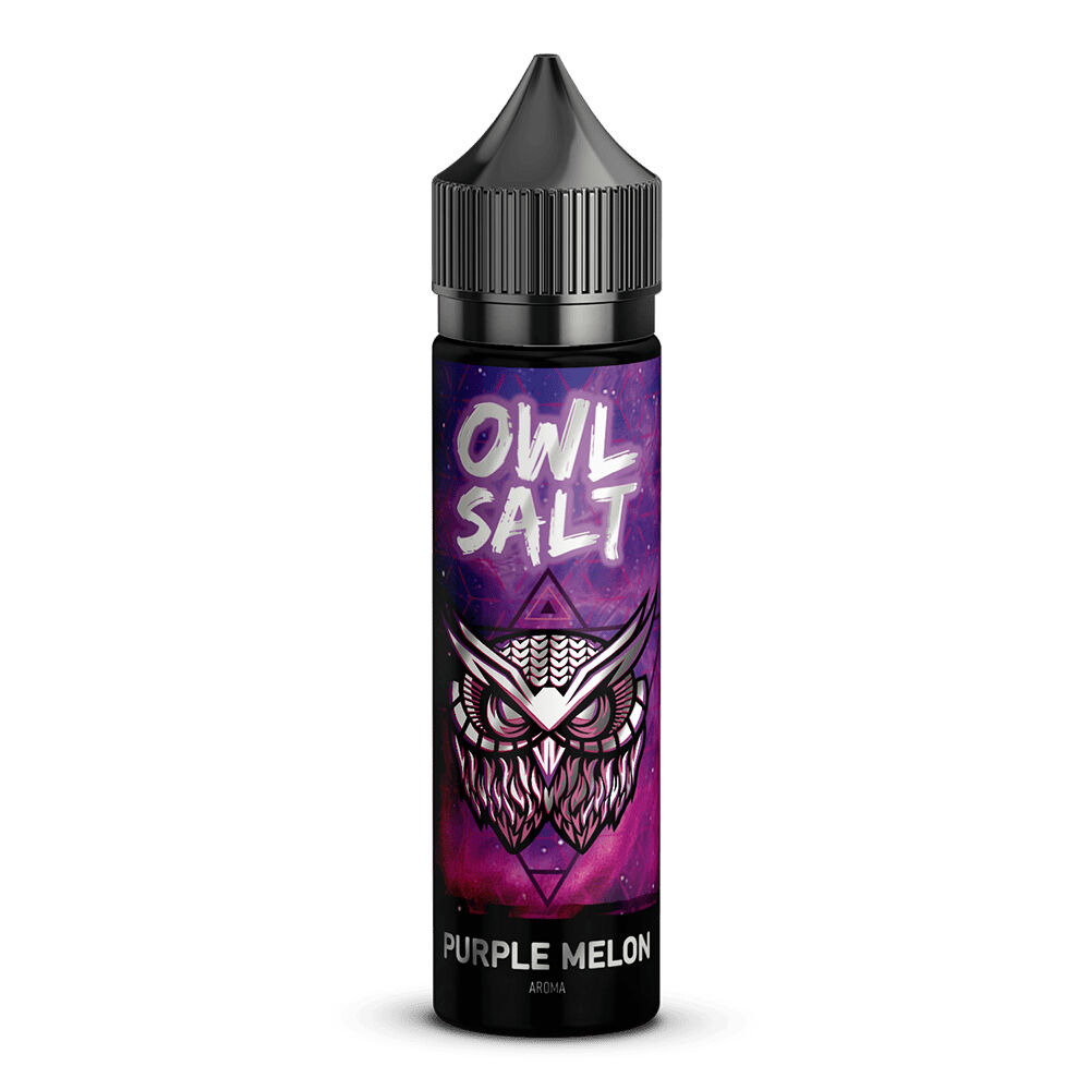 Owl Salt Aroma - Purple Melon Flasche mit Owl Salt Aroma, Purple Melon Design, verspieltes Eulenmotiv und Schriftzug auf lila Hintergrund