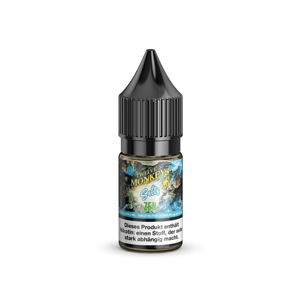Liquid Zen 20mg - Twelve Monkeys Twelve Monkeys Nikotinsalz Zen 20mg Flasche mit schwarzer Kappe, Etikett mit buntem Design und Warnhinweis über Nikotinsucht.