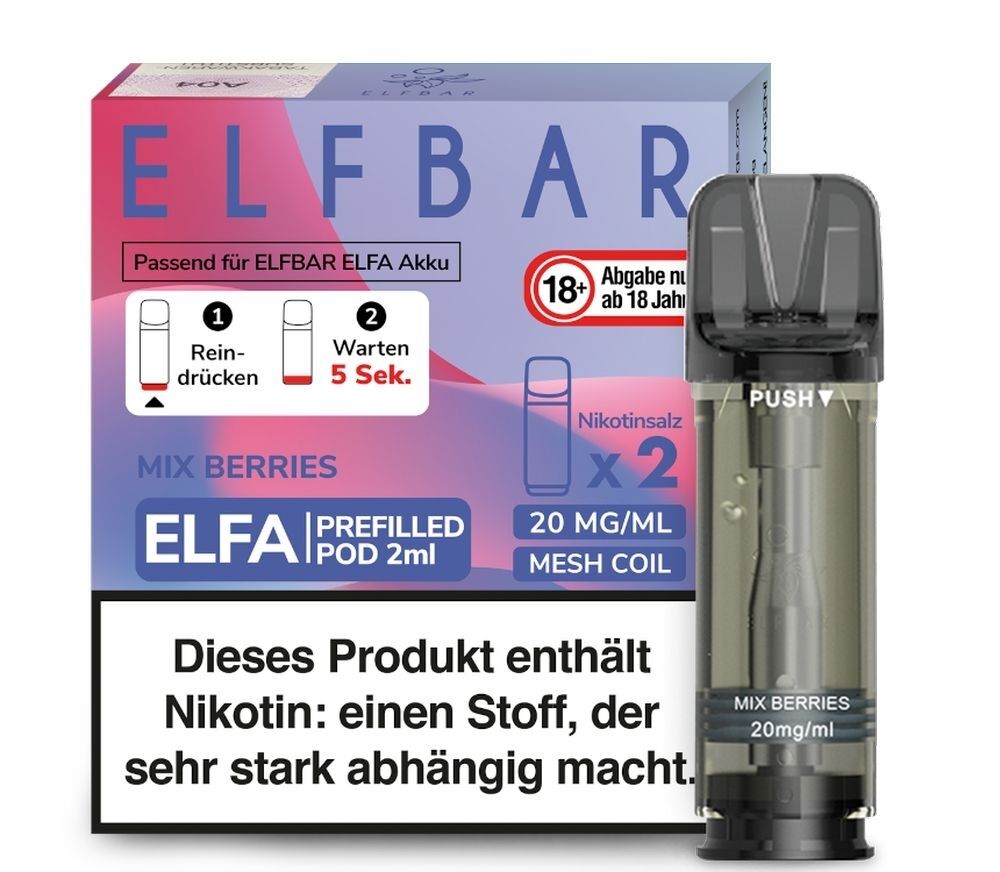 Mix Berries Elfa Pods von Elfbar 20mg Elfbar ELFA Pods Mix Berries 20mg Packung mit Warnhinweis, Pod-Abbildung und Details zur Nikotinkonzentration sichtbar