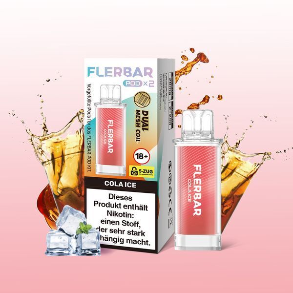 Cola Ice 20mg - Flerbar Pods Flerbar Cola Ice 20mg Pods und Verpackung mit Hinweis auf Nikotingehalt, Eiswürfel und spritzende Cola im Hintergrund.