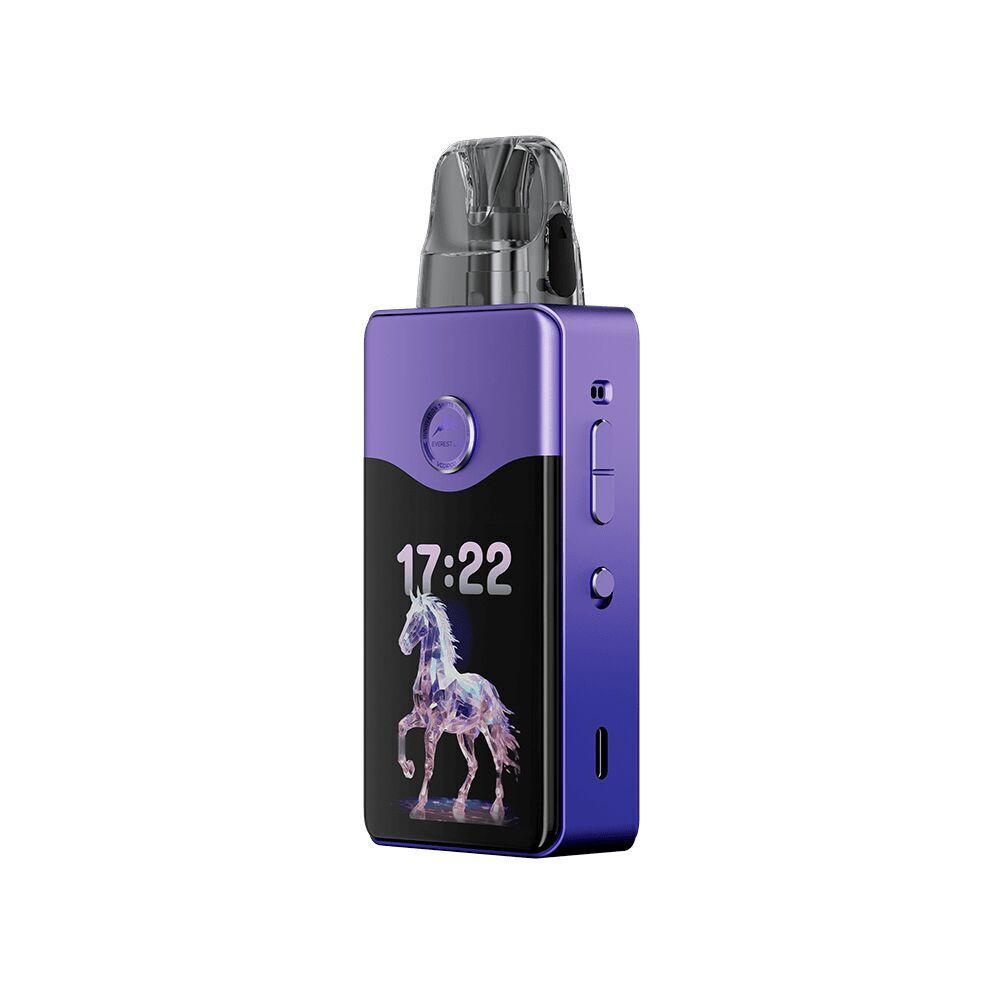 Voopoo Vinci E120 Pod Kit - Star Purple Voopoo Vinci E120 Pod Kit in Star Purple mit digitaler Anzeige von 17:22 und einem leuchtenden Pferdemotiv auf schwarzem Bildschirm.
