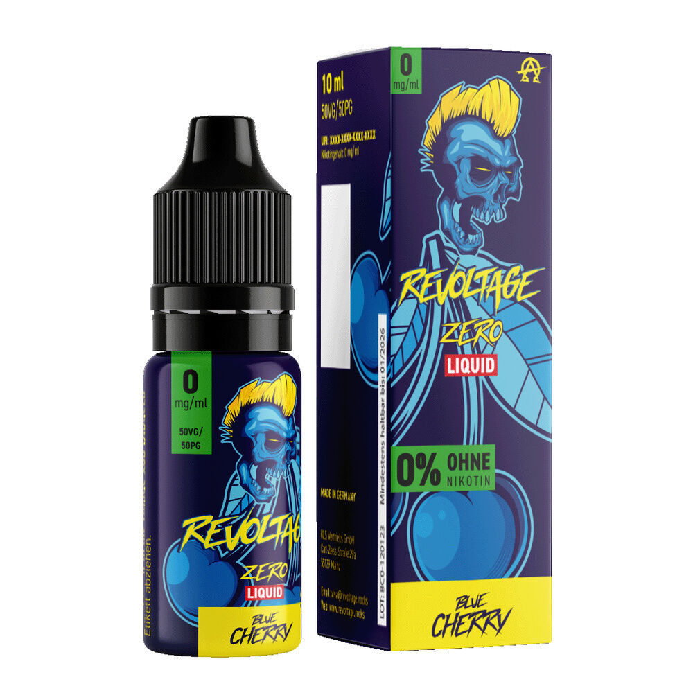 Revoltage Hybrid Liquid - Blue Cherry Revoltage Liquid Blue Cherry 0mg Verpackung und Flasche, blaue Totenkopf-Grafik, gelbe Akzente, ohne Nikotin, 10ml 50VG/50PG.