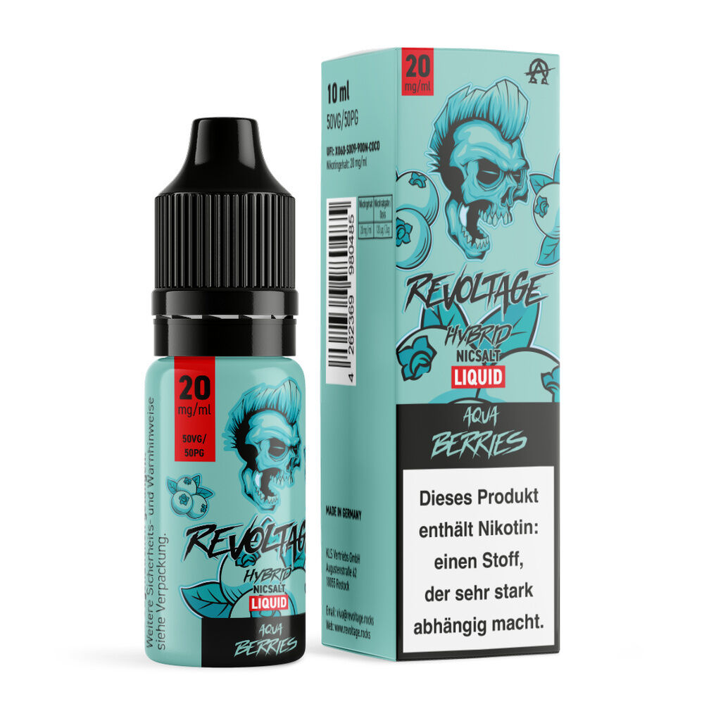 E-Flüssigkeit "Revoltage Hybrid Liquid - Aqua Berries" mit Nikotinwarnung, Flasche und Verpackung zeigen einen Schädel und das Branding.