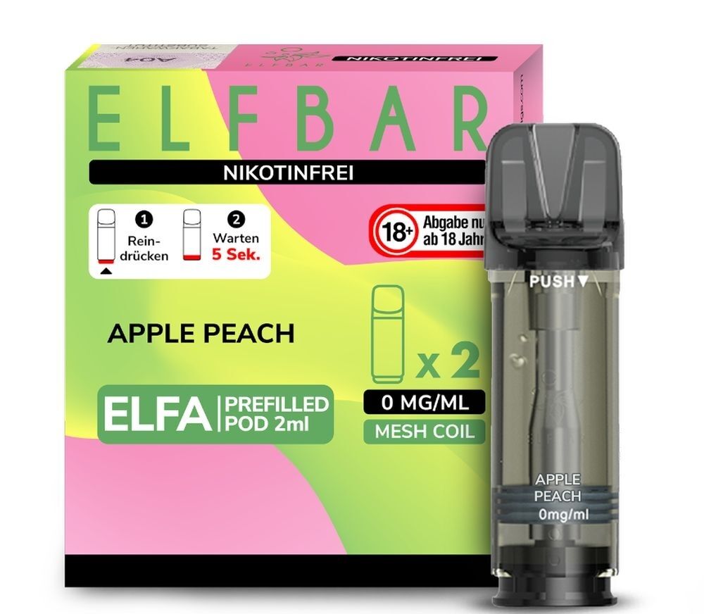 Apple Peach Elfa Pods von Elfbar 0mg Elfbar ELFA Prefilled Pods, Apple Peach, nikotinfrei, zwei Pods, 0 mg/ml, mit Mesh Coil, Verpackung zeigt Dosieranleitung.
