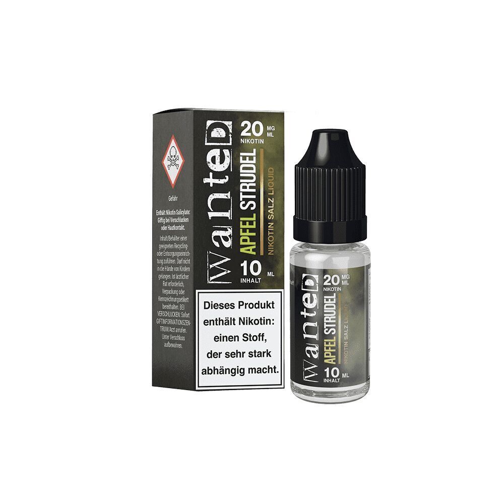 Liquid Apfelstrudel von Wanted E-Liquid-Flasche und Verpackung von Wanted Nikotinsalz Apfelstrudel mit Warnhinweis zu Nikotingehalt, 20 mg Nikotin pro ml, 10 ml Inhalt