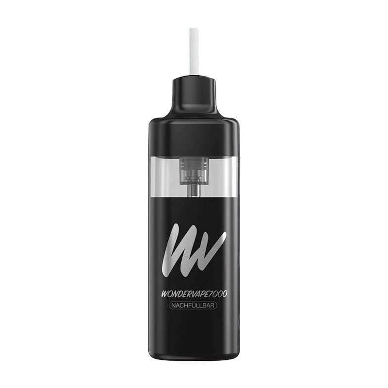 Schwarzes Wondervape 7000 Pod Kit mit durchsichtigem Liquidbehälter, sichtbar innenliegendem Verdampfer und der Aufschrift "nachfüllbar".
