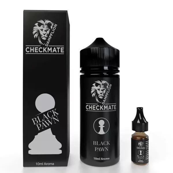 Aroma Black Pawn von Dampflion Checkmate Dampflion Checkmate Aroma Black Pawn 10ml in schwarzer Verpackung mit Schachmotiv, zwei unterschiedlich große Flaschen