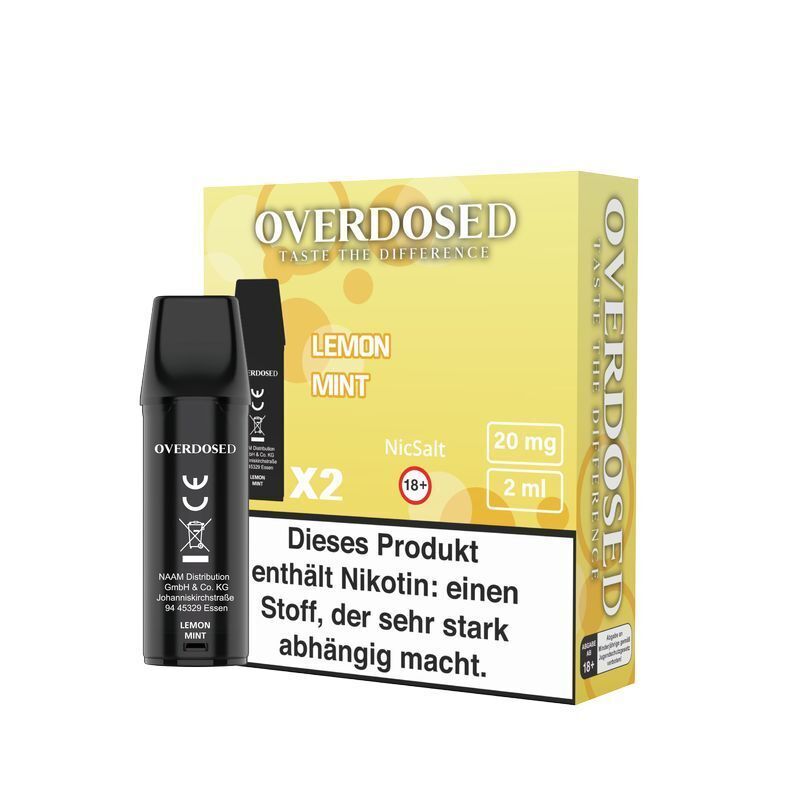 Lemon Mint 20mg - Overdosed Pods Vape-Pod und Verpackung von Overdosed Lemon Mint NicSalt, 20 mg, 2 ml, mit Warnhinweis und Altersbeschränkung ab 18 Jahren.