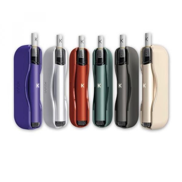 Kiwi Starter Pod Kit Sechs Kiwi Starter Pod Kits in verschiedenen Farben nebeneinander: violett, silber, rot, grün, schwarz und beige, mit sichtbarem Mundstück.